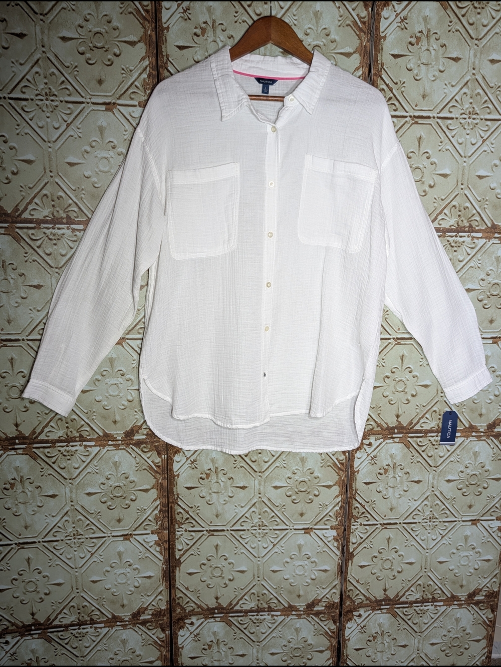 NAUTICA Oversized Women's White Gauze Button-Down Shirt